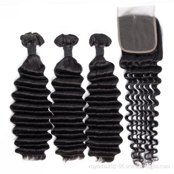 Cheap 100% Brazilian Human Hair Virgin Remy Cuticle Aligned Double Drawn Fumi Deep Wave Curly Bundles with Closure
